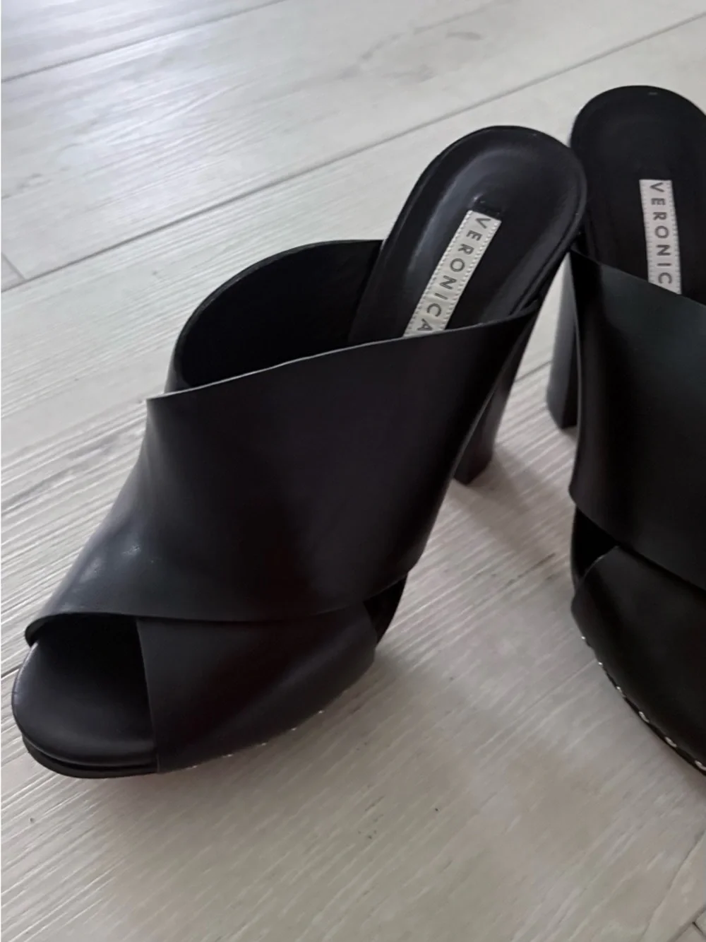 Veronica Black Leather Crossover Mule Heels - Picture 7 of 8